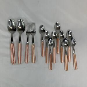 Sabre Paris France 18/10 flatware 13pc set, salmon/white striped acrylic handle.